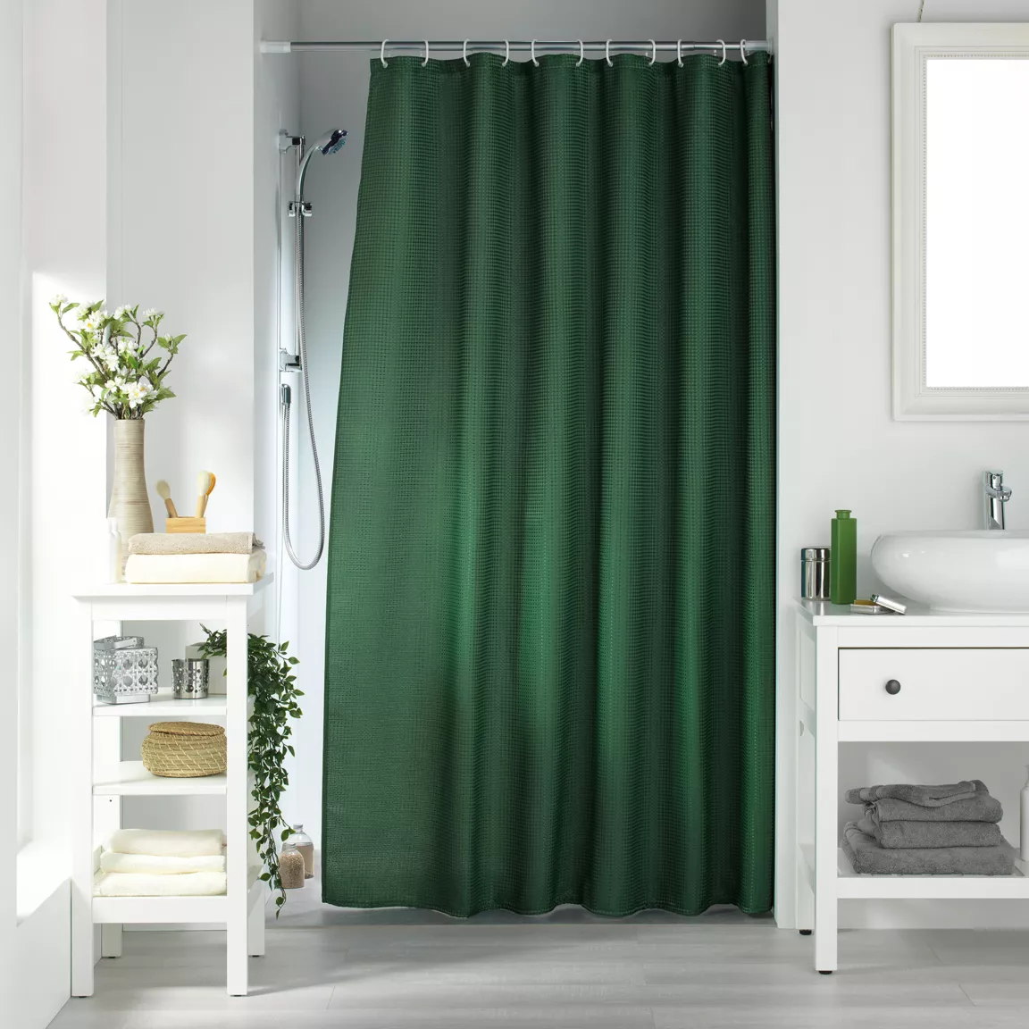 Rideau de douche effet tissé à anneaux (180 x 200 cm) Quartz Vert kaki