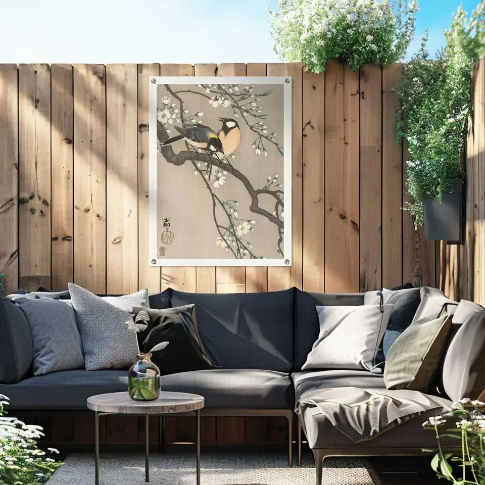 Tuinposter Ohara Koson Koolmezen op bloesemtak - 80x60cm - Beige