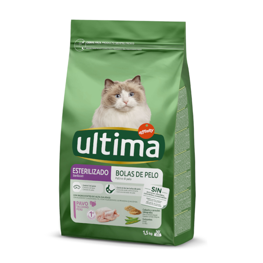 1,5 kg de alimento esterilizado para gatos Affinity Ultima Adult com peru e cevada