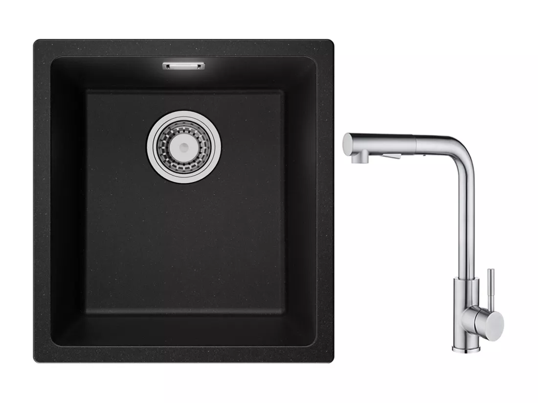 CECIPA MAX Evier 1 Bac en Quartz et Résine Noir Gris 40*44*20cm + Mitigeur Cuisine Brossé avec Douchette Extractible - 2 Jets aux Choix
