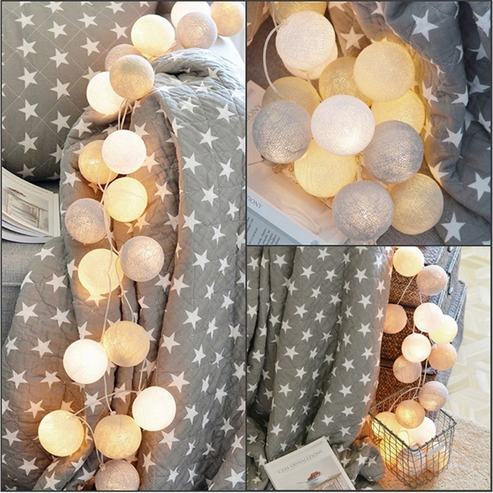 (3m) 20 LED's Baumwoll Deko Lichterkette Cotton Kugeln Beleuchtung (Batteriebetrieben) - Warmweiss / Pastell
