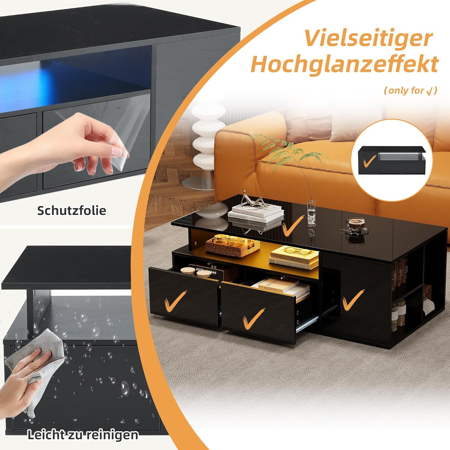 BTM Couchtisch mit LED und Stauraum 100x50x35cm 60kg Tragkraft, 2 Schubladen und 3 Seitfächer App Steuerung, Schwarz Hochglanz