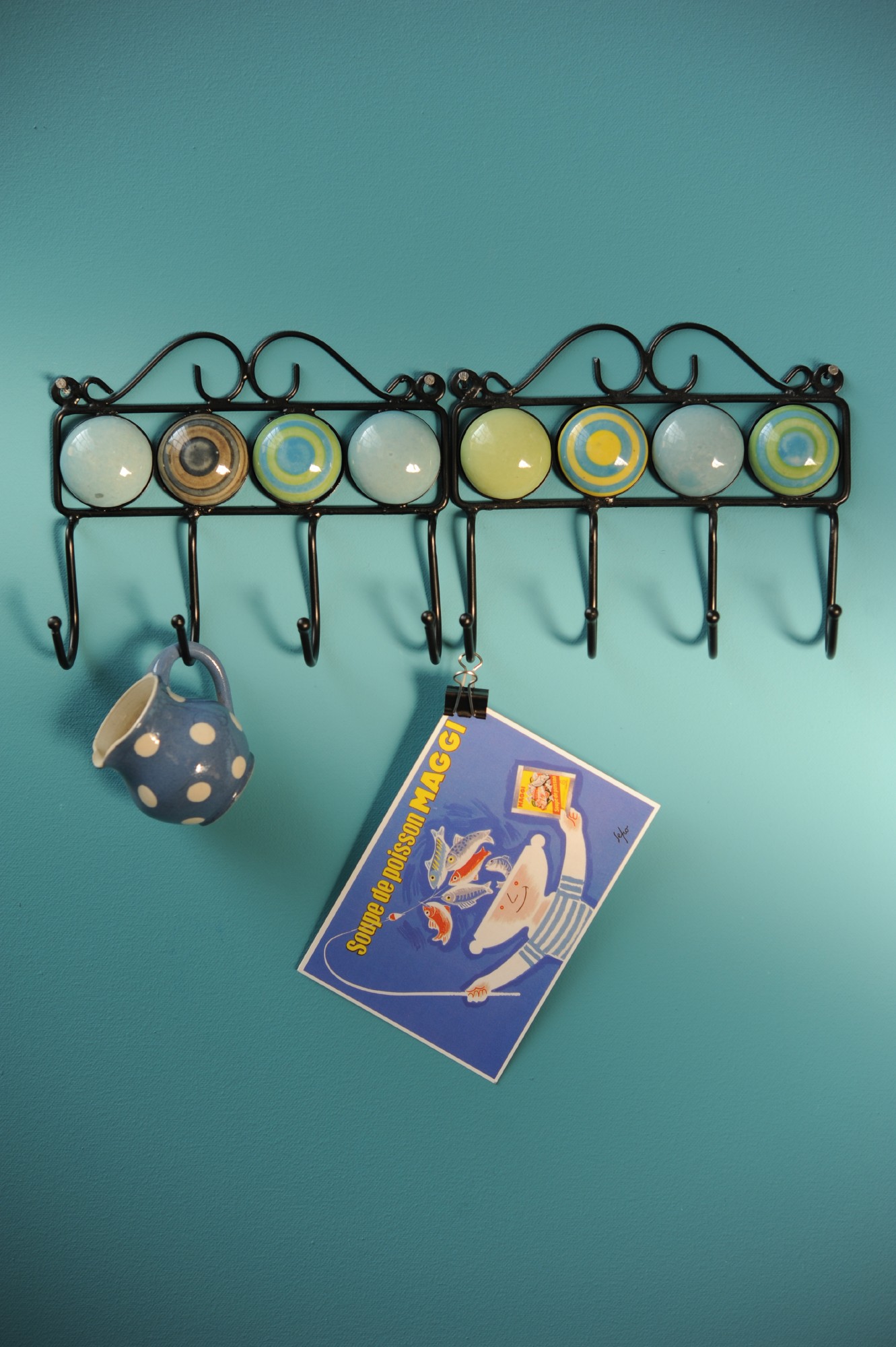 Wandhaken 4fach, blau/schwarz/grün, L 4,5 cm, B 18,5 cm, H 15 cm von fischer's lagerhaus