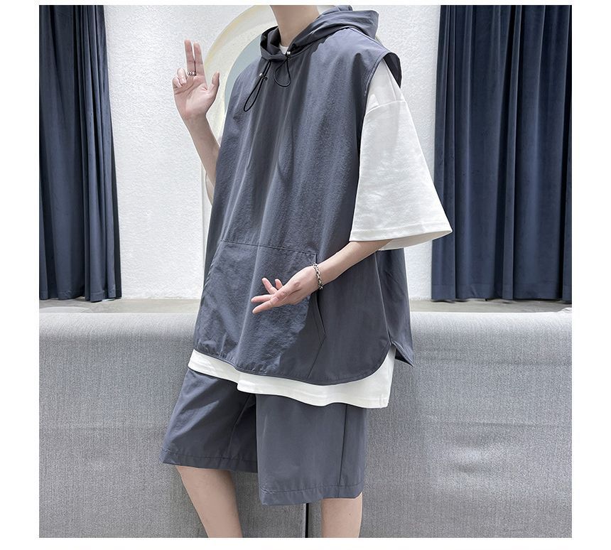 Vernanah - Set: Elleboogmouw Two Tone Hoodie + Sweatshorts