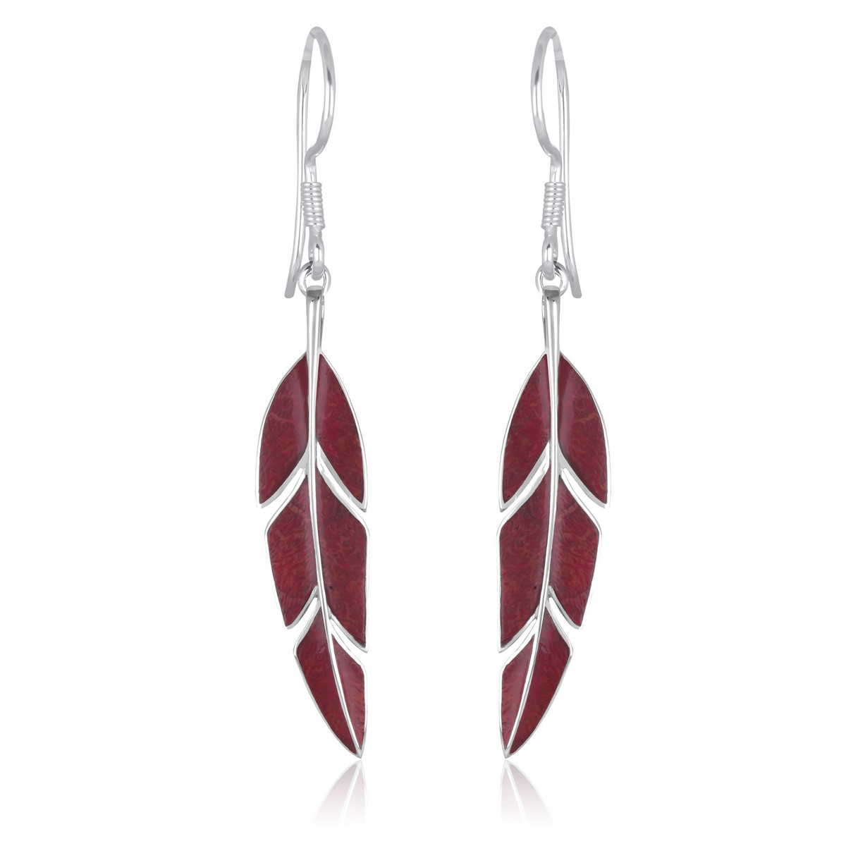 Bijoux de créateurs en argent, des boucles d'oreille-corail rouge-feuilles de bananier-Femme-rouge-disponible en parure avec le pendentif assorti