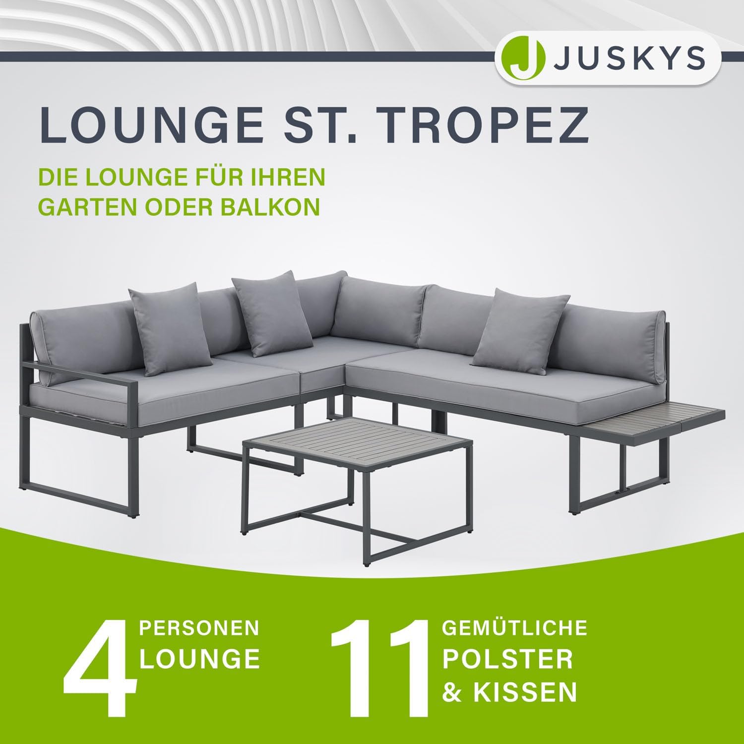 Juskys Gartenmöbel Lounge St. Tropez - 4 Personen Sitzecke - Set mit Tisch, Ecksofa & Kissen - Möbel für Balkon & Garten - Holz Balkonmöbel Grau