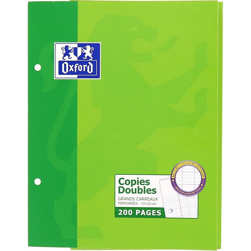 Copies doubles Oxford 17x22cm grands carreaux Seyès 200 pages étui carte vert
