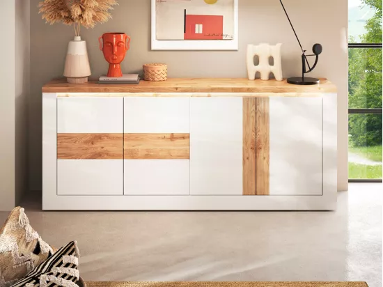 Buffet 4 portes avec LEDs - Blanc laqué et naturel - LADENYA