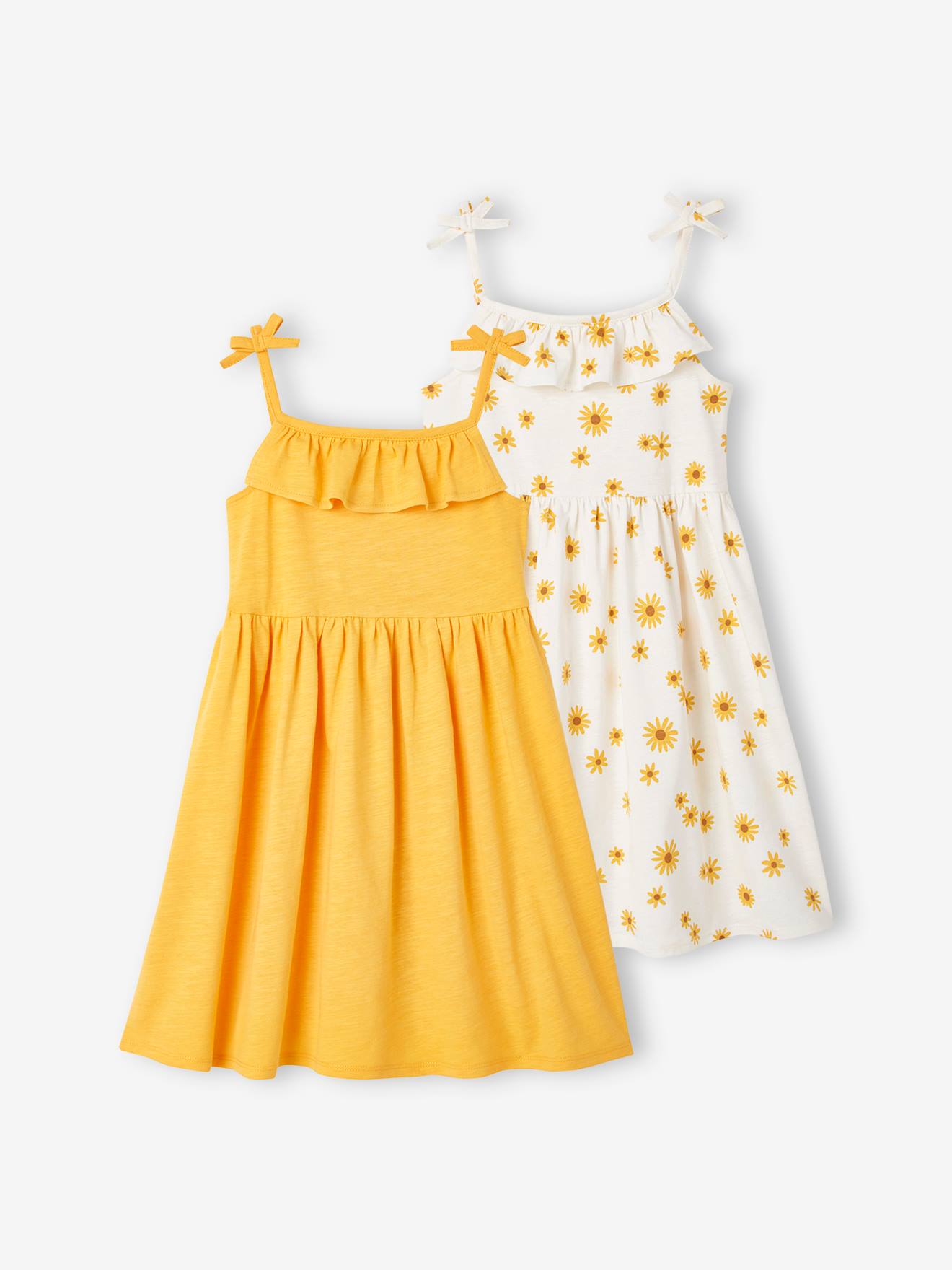 Conjunto com 2 vestidos de alças, 1 estampado + 1 liso, para meninas, azul médio, bicolor/multicolorido.