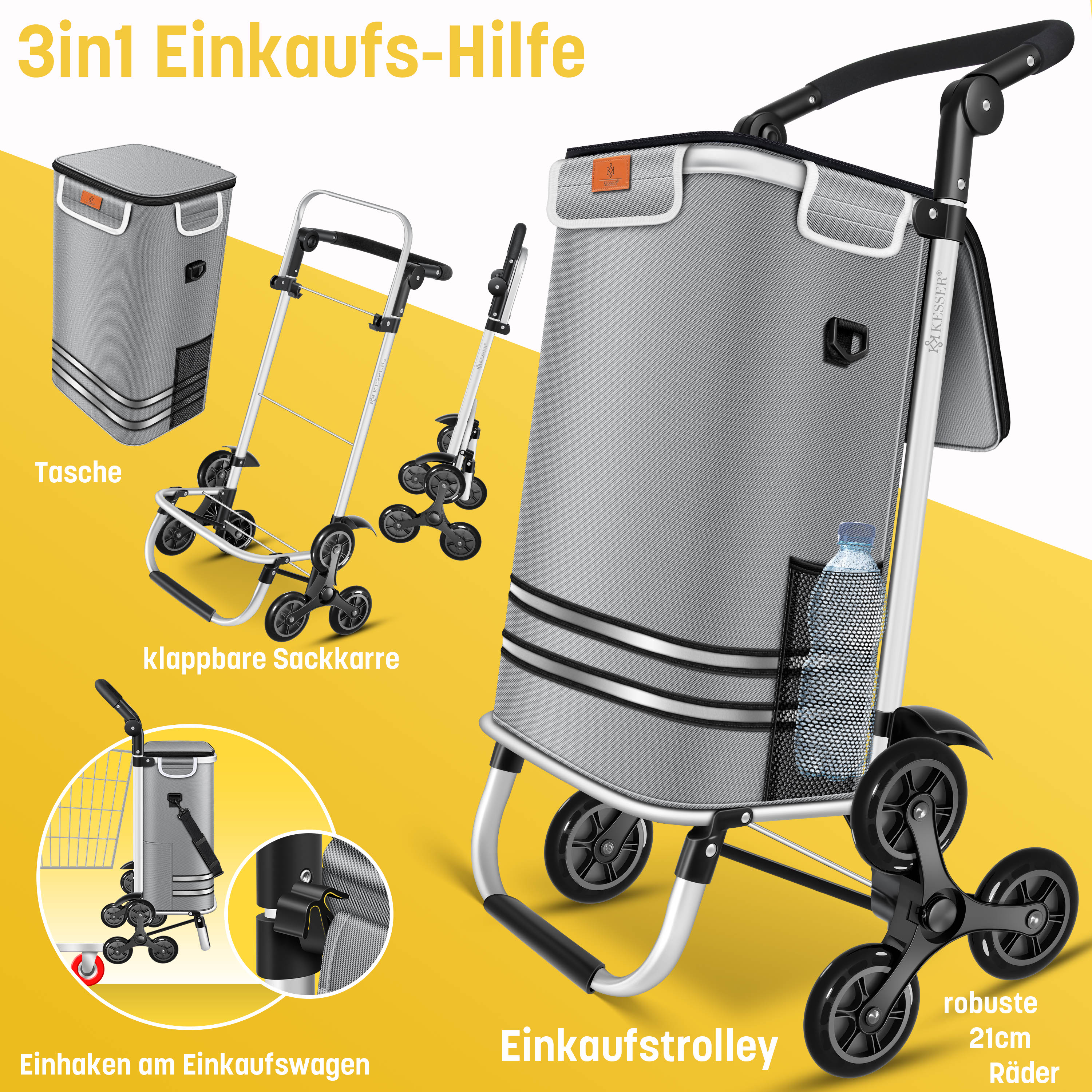 KESSER® Einkaufstrolley Treppensteiger mit Kühlfach klappbar mit 56L Kapazität und belastbar bis 50kg | 3in1 Trolley Sackkarre & Umhängetasche | Faltbarer Einkaufswagen inkl. Einkaufschip
