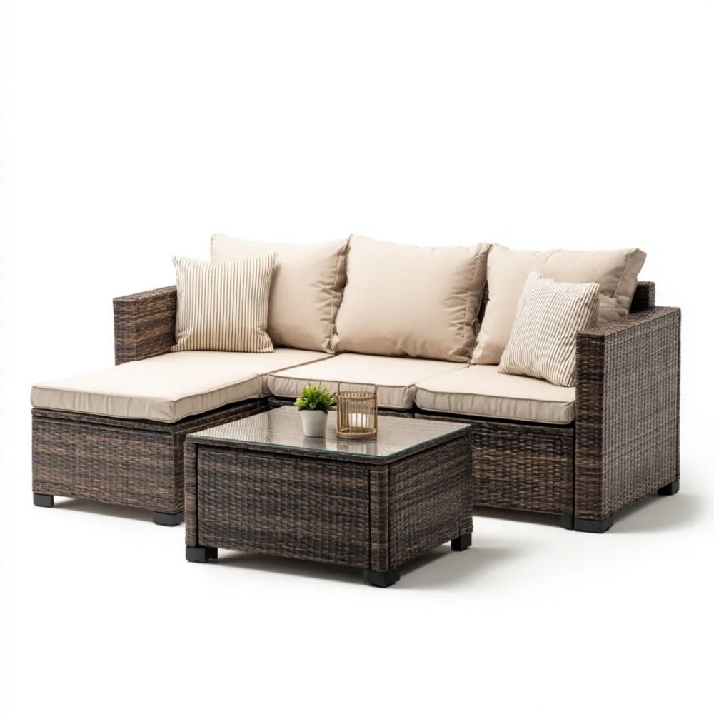 Rattan Gartensofa-Set 230x145x70 cm mit Kissen Beige – Modernes Design