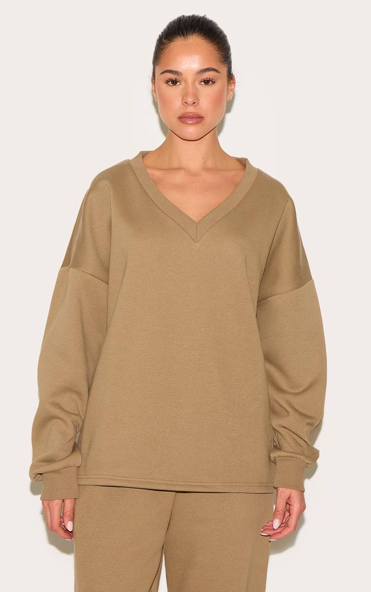 Taupe Sweat-shirt Col V Surdimensionné
