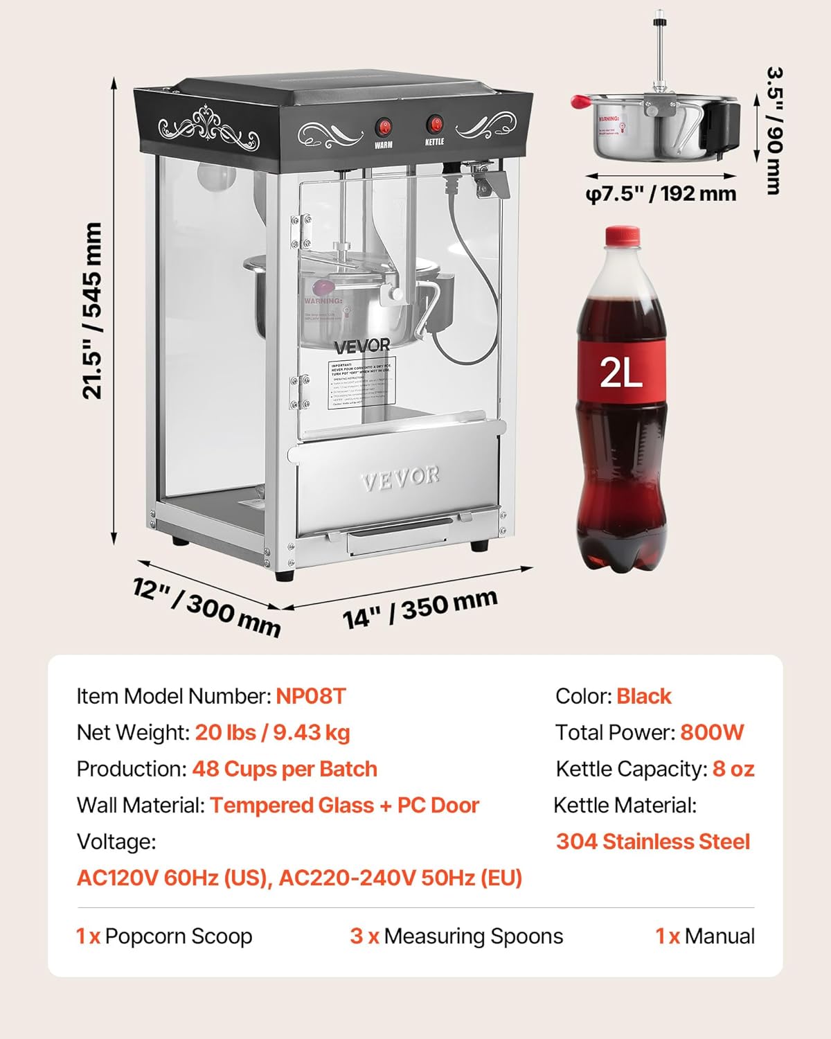 VEVOR Popcornmaschine mit Edelstahlkessel, 800 W kommerzieller Popcornmaker, 48 Tassen pro Ladung, Kinostil, mit 2-Tasten-Bedienung, Glaswand, PC-Tür, 1 Portionierer, 3 Löffel, Schwarz