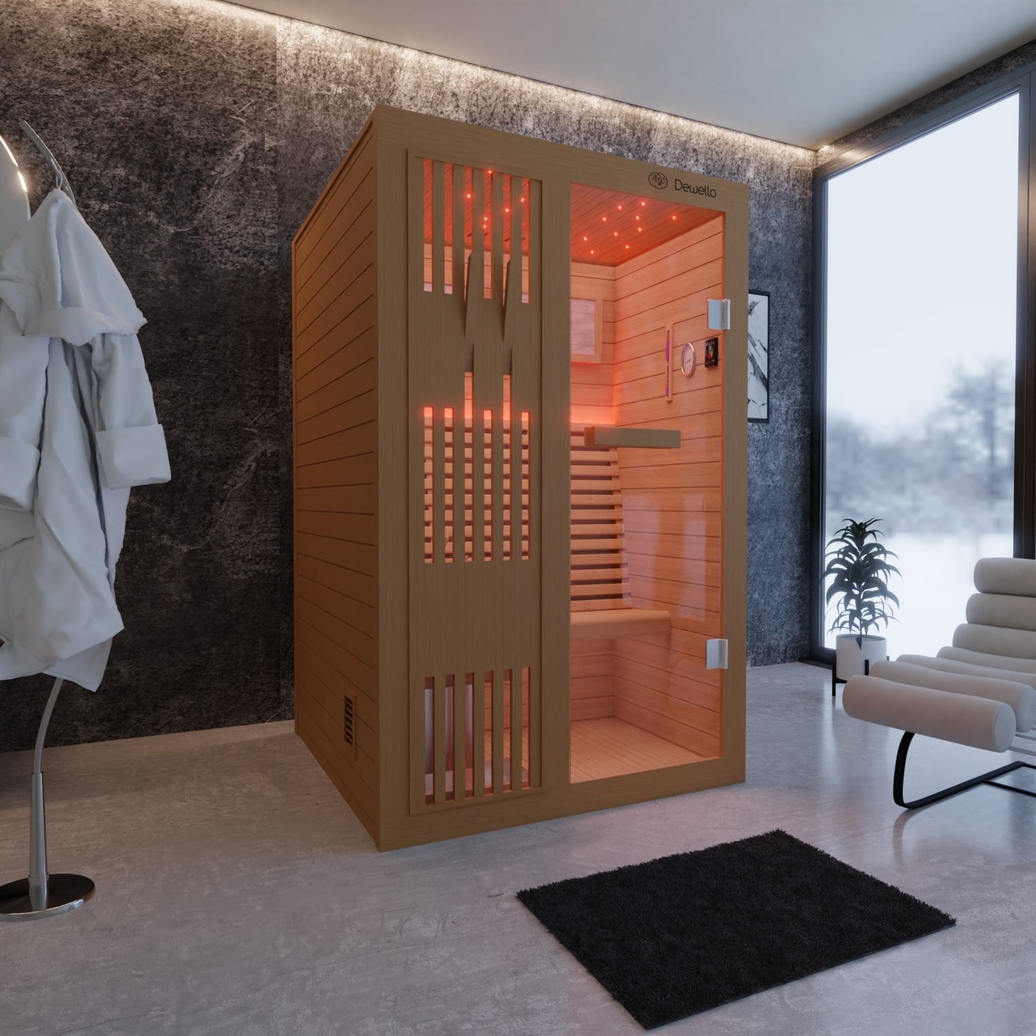 Dewello Finnische Sauna MINTO 120x120 Kabine aus Hemlock Tannenholz mit 3,5 kW Harvia Ofen, inkl Sauna Set