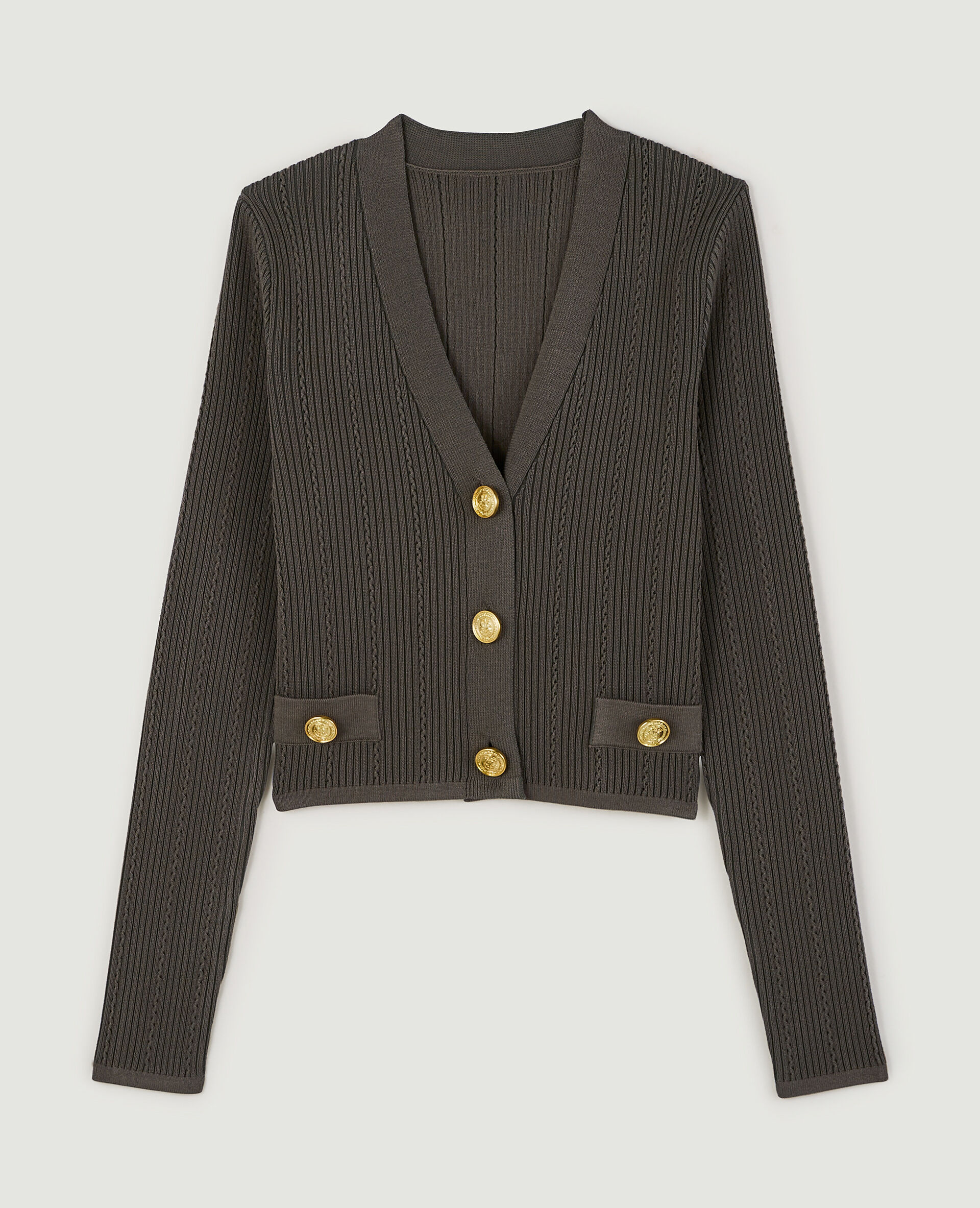 Gilet court maille fantaisie et boutons marins - Vert kaki
