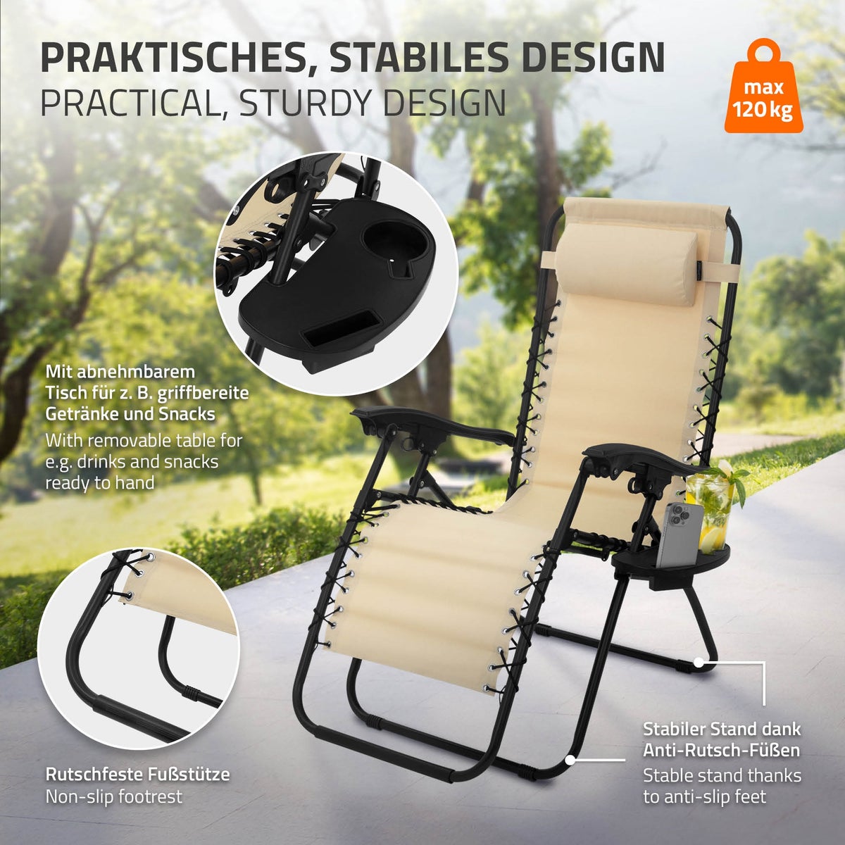ML-Design Opvouwbare Ligstoel, Beige, Ligstoel met Verstelbare Hoofdsteun en Rugleuning, Weerbestendige Ligstoel voor in de Tuin met Vetersysteem, Zero Gravity Ligstoel voor Buiten, Tuinstoel met Bekerhouder