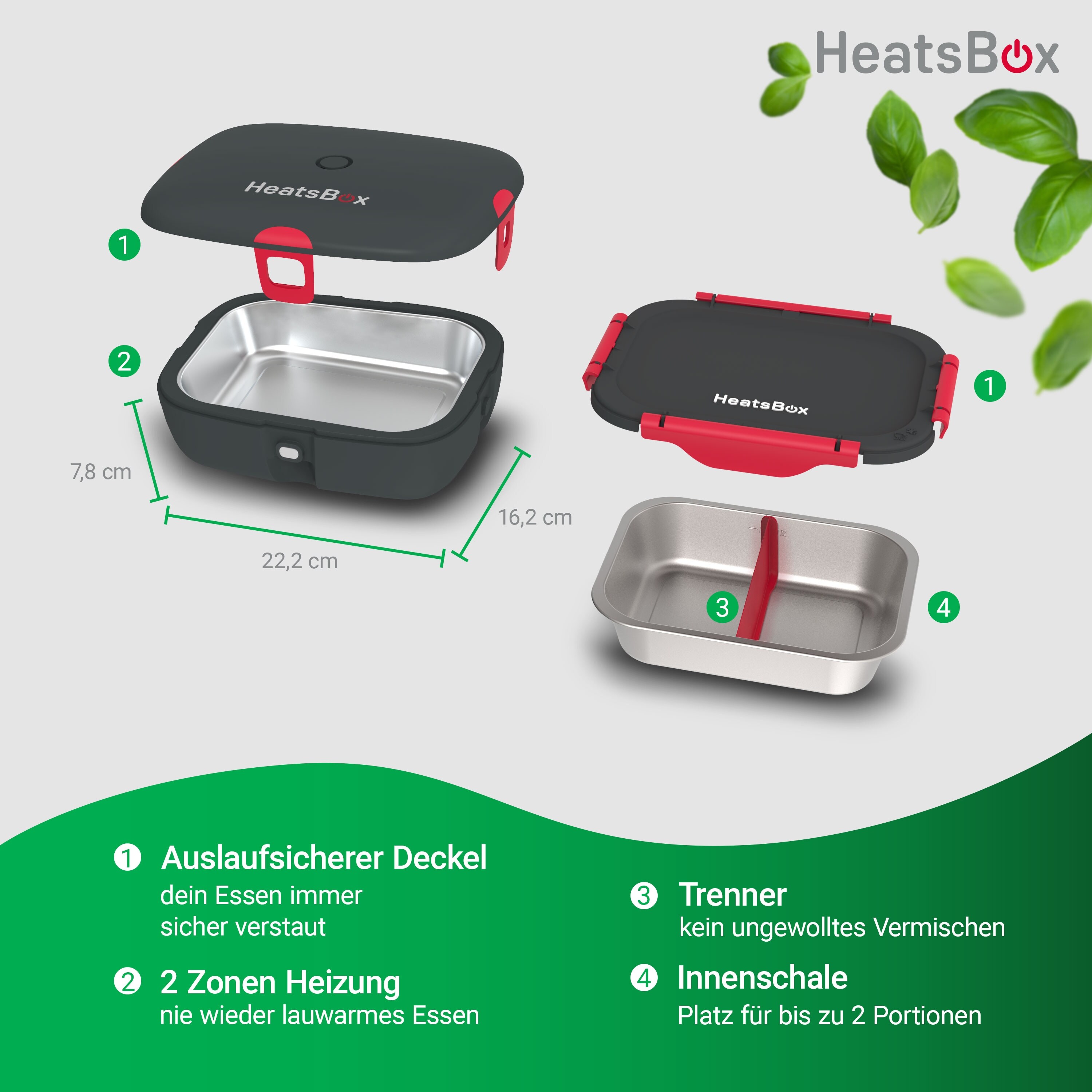 HeatsBox Style+, smarte elektrische Lunchbox, aufwärmen, App, 100 Watt, 925 ml