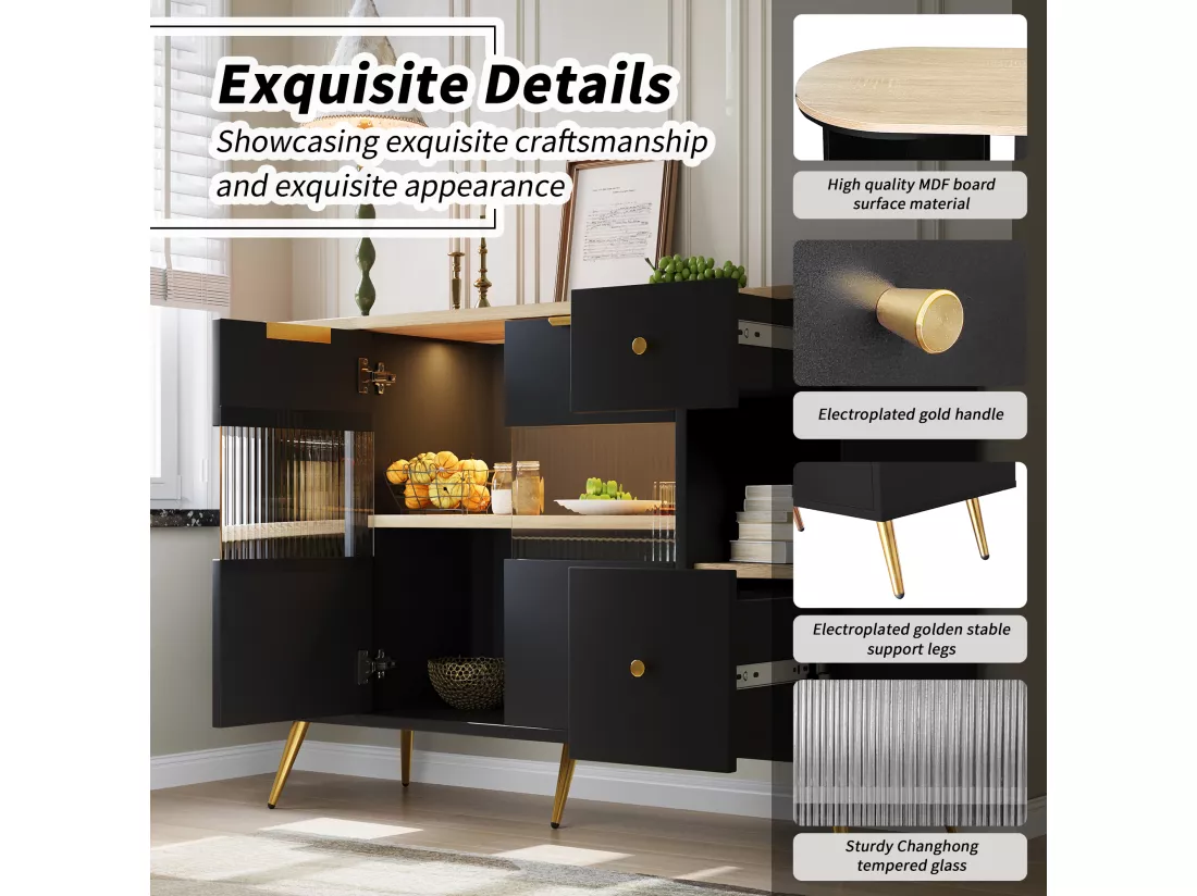 Buffet armoires de rangement effet bois et noir avec 2 portes battantes en verre éclairage LED poignets et pieds dorés RIPHRENS BLACK