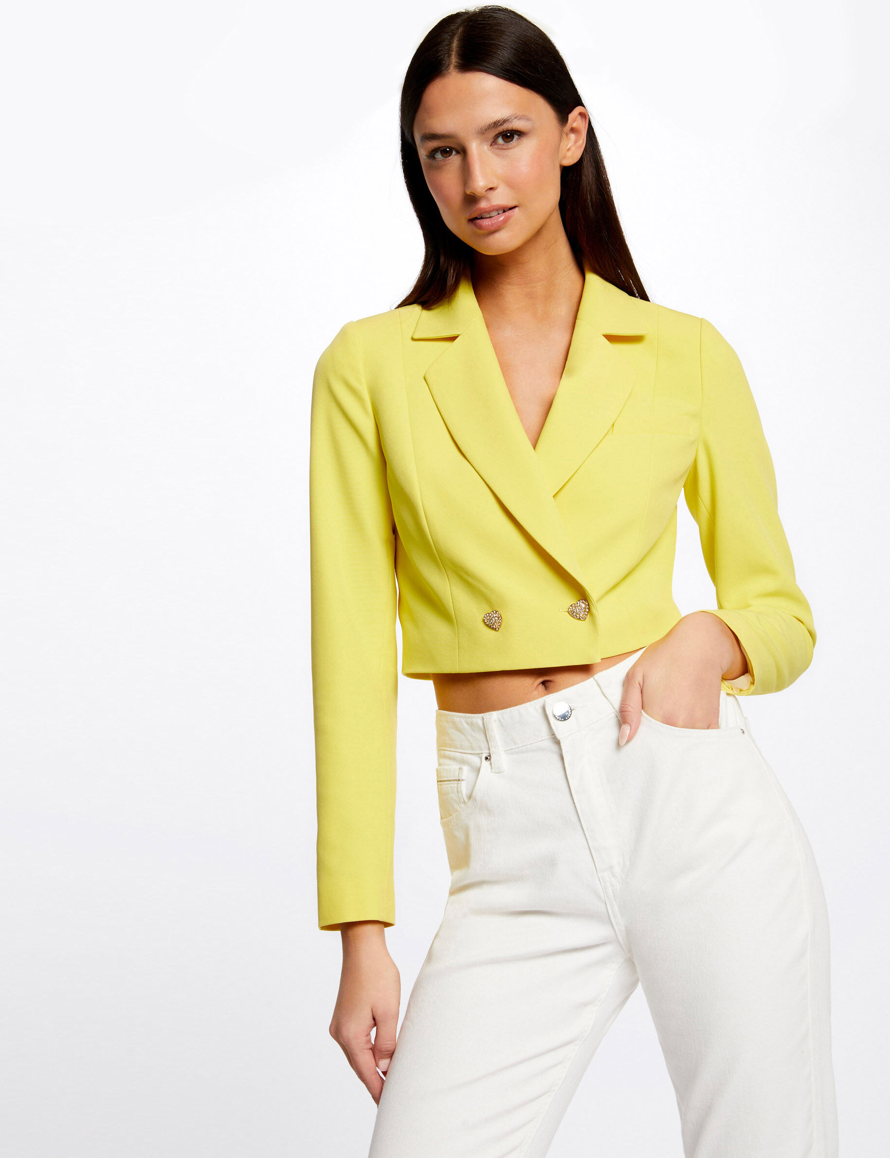 Veste courte droite boutonnée jaune moyen femme - jaune_moyen