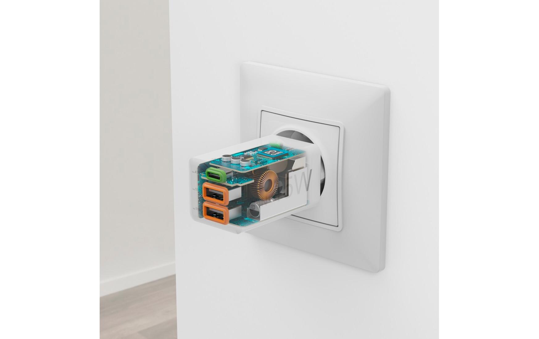 USB-Wandladegerät Gan charger 2x USB-A USB-C 45 W WeissSchnellladegerät mit 1x USB-C und 2x USB-A