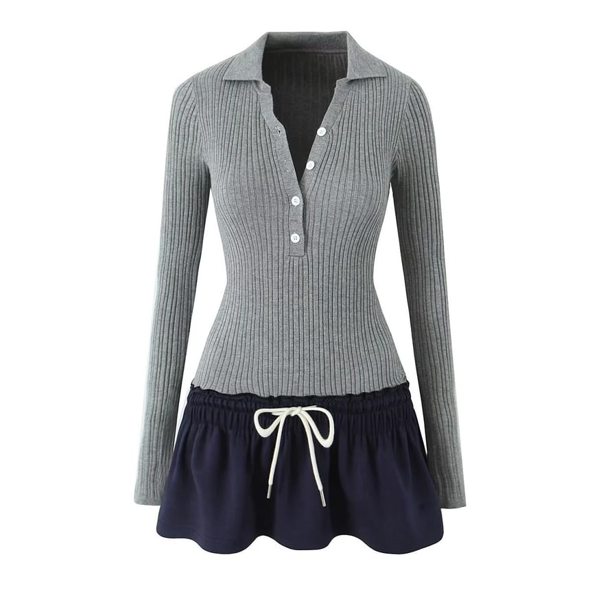 Asiris - Mock Two-Piece Long-Mouw Polo-Neck Two-Tone Ribbed Mini A-Line Jurk