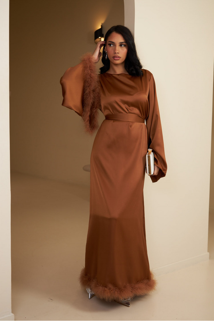 Robe longue marron satinée et ceinturée à plumes