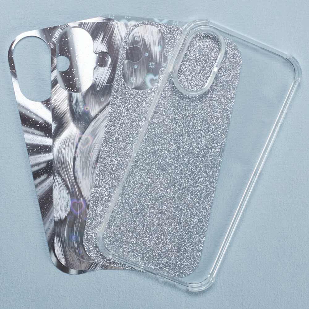 iPhone 16 Hybrid Hülle TPU Bumper mit Acryl Rückseite   Wechselbare Einlegekarten - Transparent / Silber