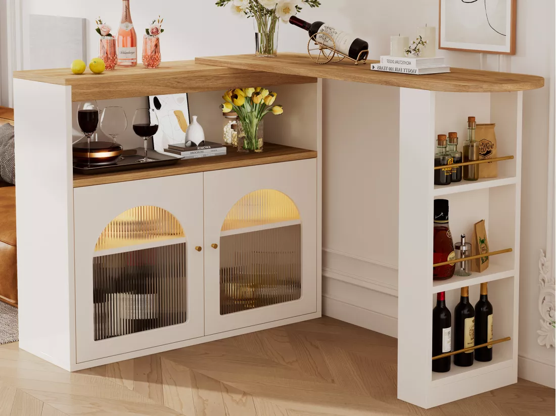 Meuble de bar pivotant - 2 portes, 3 étagères de rangement & niche - MDF plateau effet bois - LEDs - Naturel et blanc