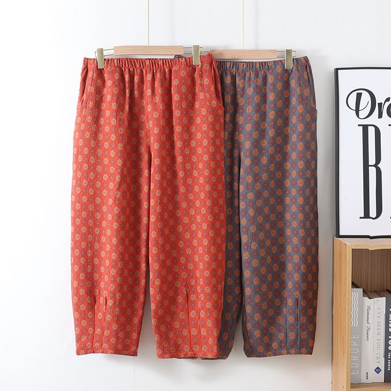 Somnus - Elastische taille, bloemenjacquard cropped pyjamabroek met tonvormige pijpen
