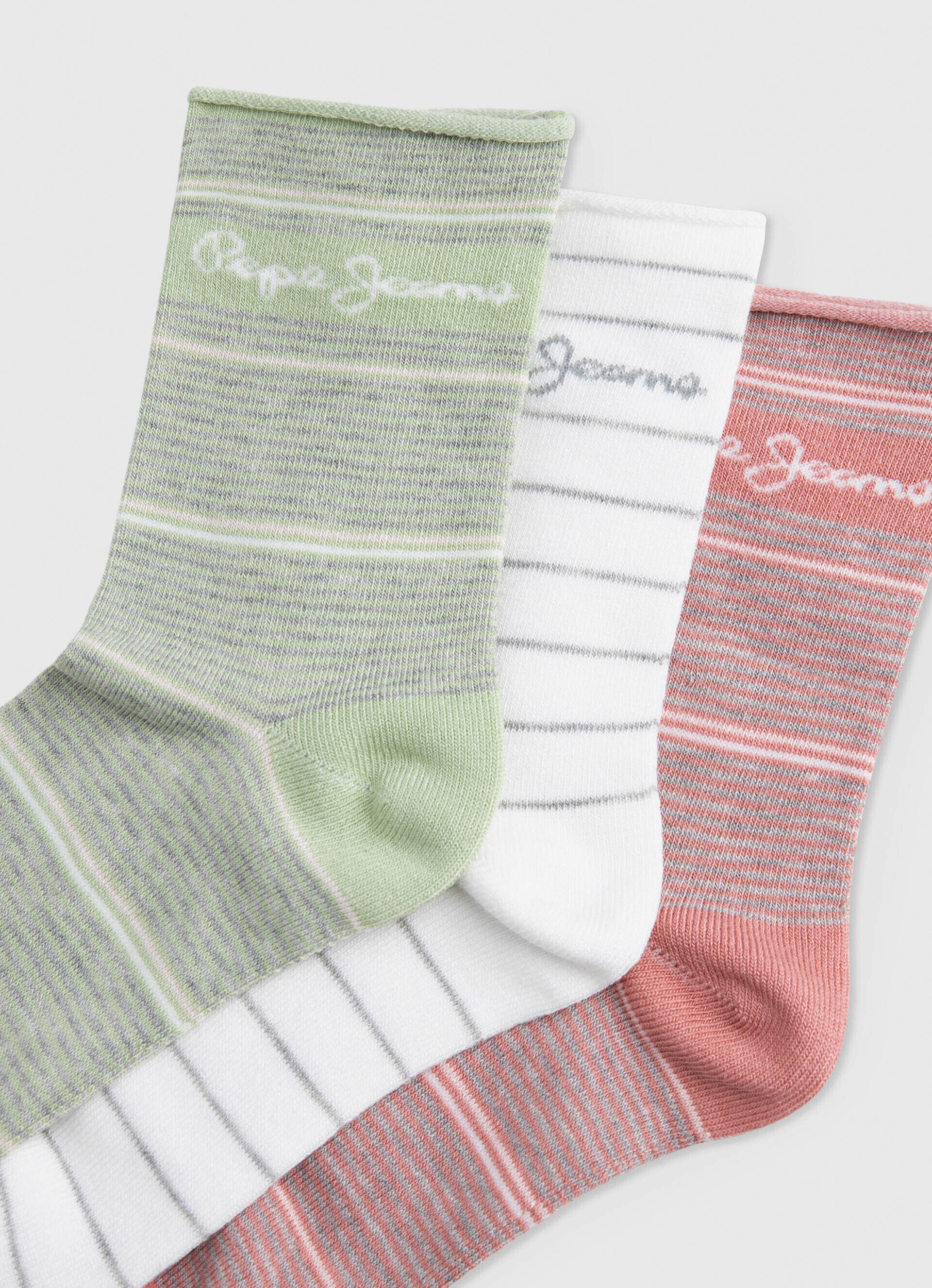 Conjunto de 3 meias listradas - bege e branco, tamanho 37