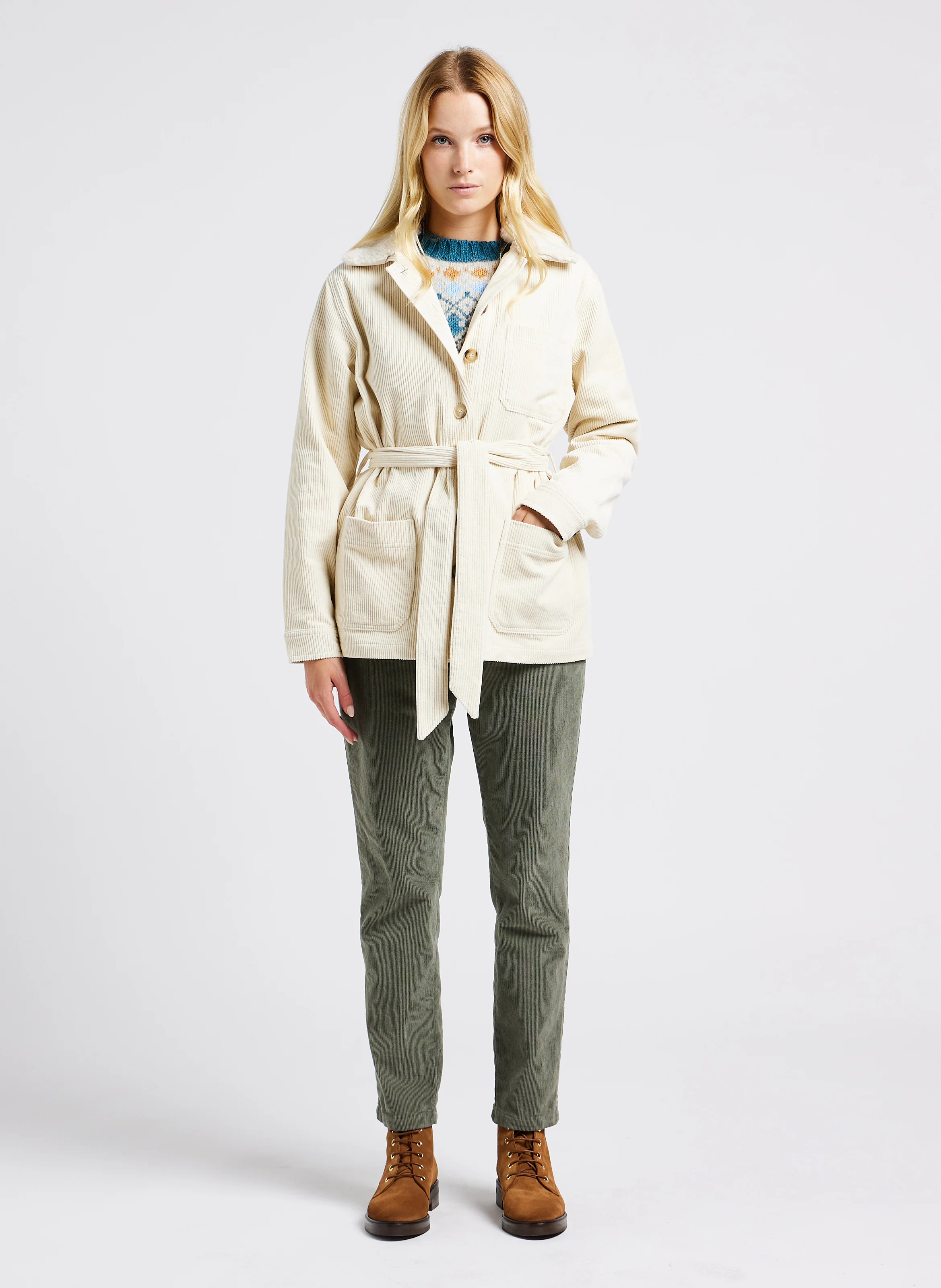 LARA - Veste col classique en coton de velours côtelé| Beige
