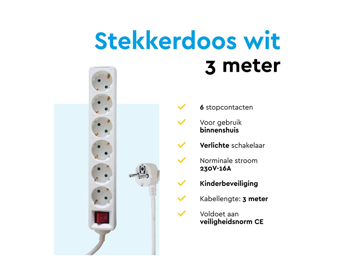 BRASQ 3 meter 6-voudige stekkerdoos met schakelaar - White