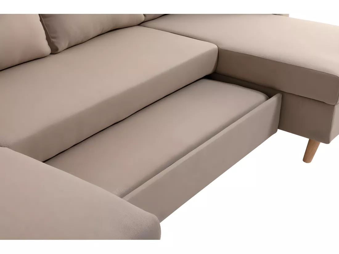 Canapé Panoramique Scandinave Convertible 2 Coffres en Tissu Déperlant