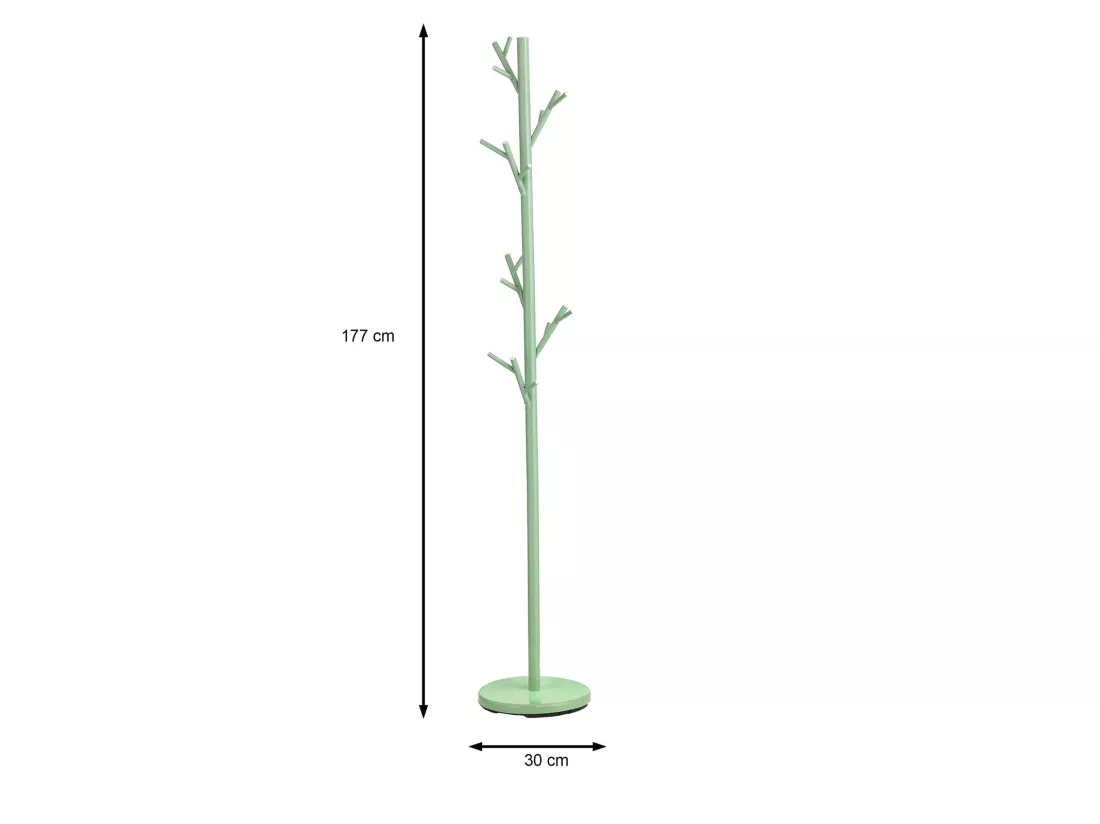 Porte-manteaux ZENO portant à vêtements sur pied en forme d'arbre avec 6 crochets sur différentes hauteurs, en métal laqué vert