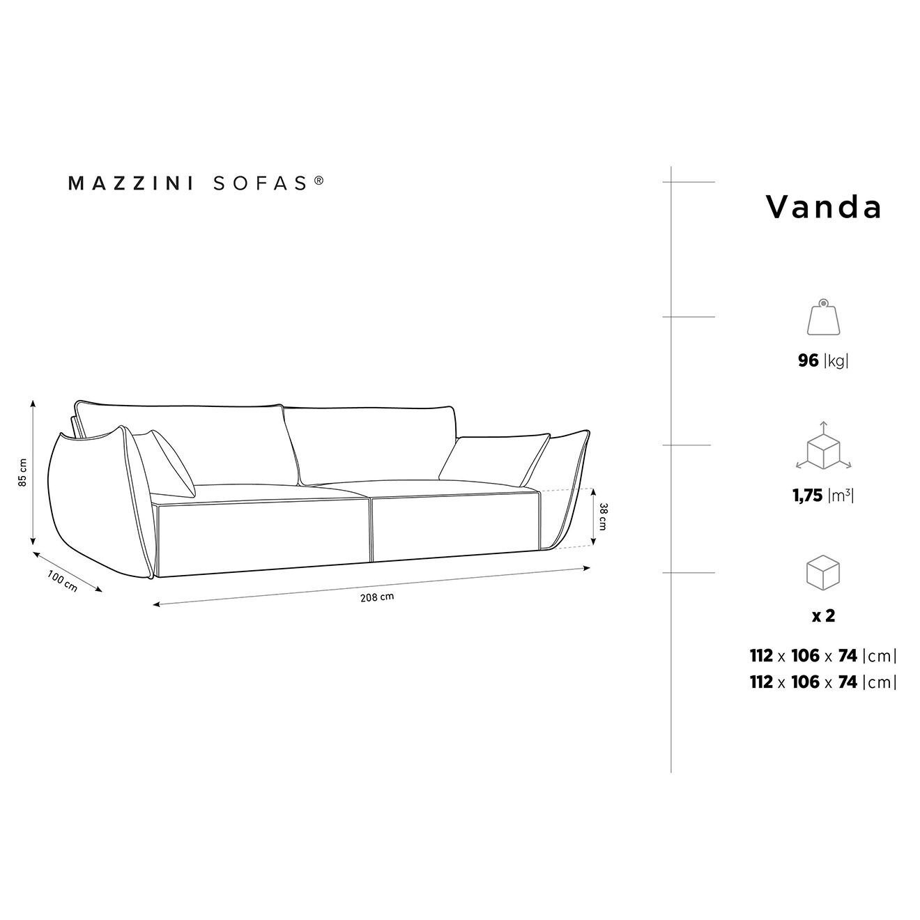 Mazzini Sofas Canapé Velours Vanda 3 Places noir - 208x100x85 cm