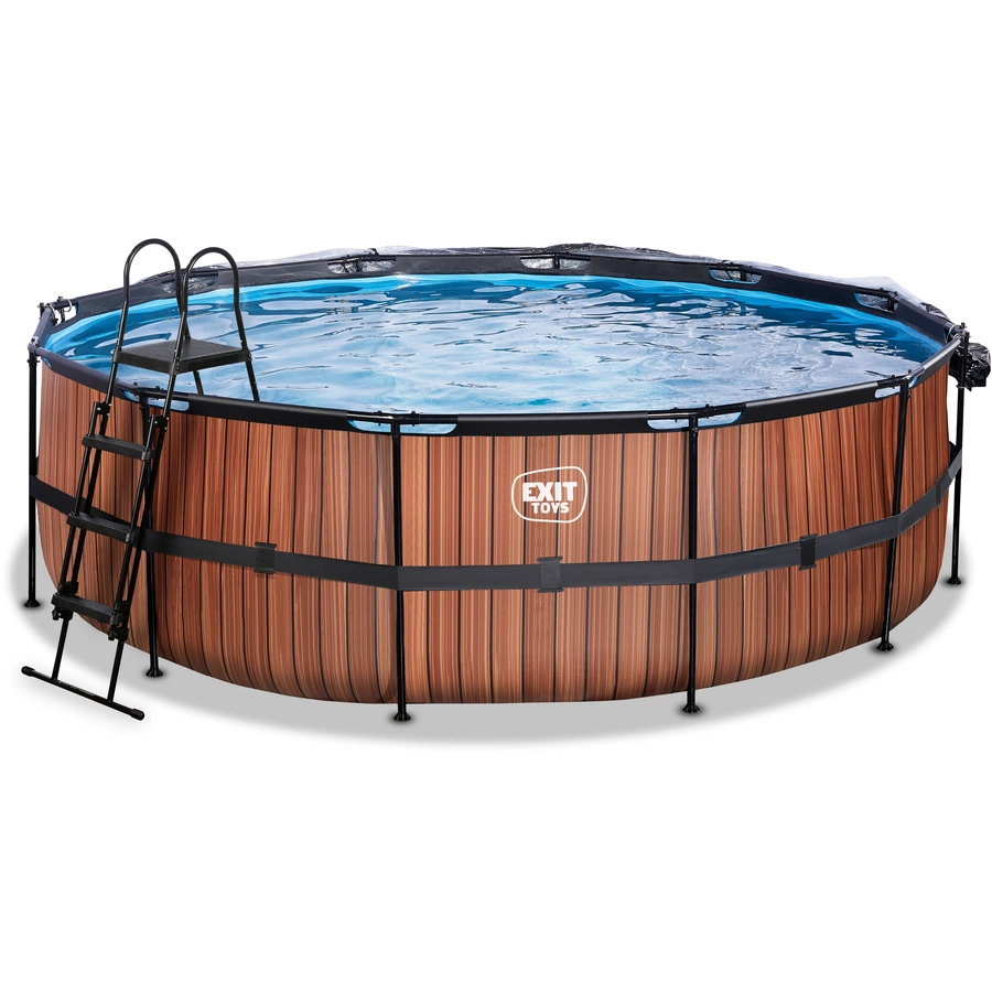 EXIT Wood Pool ø450x122cm mit Abdeckung, Sandfilter- und Wärmepumpe,  braun