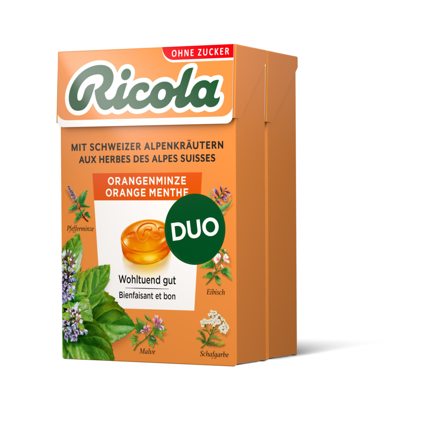Ricola Bonbons Orangen mit Minze ohne Zuckerzusatz 2x50g