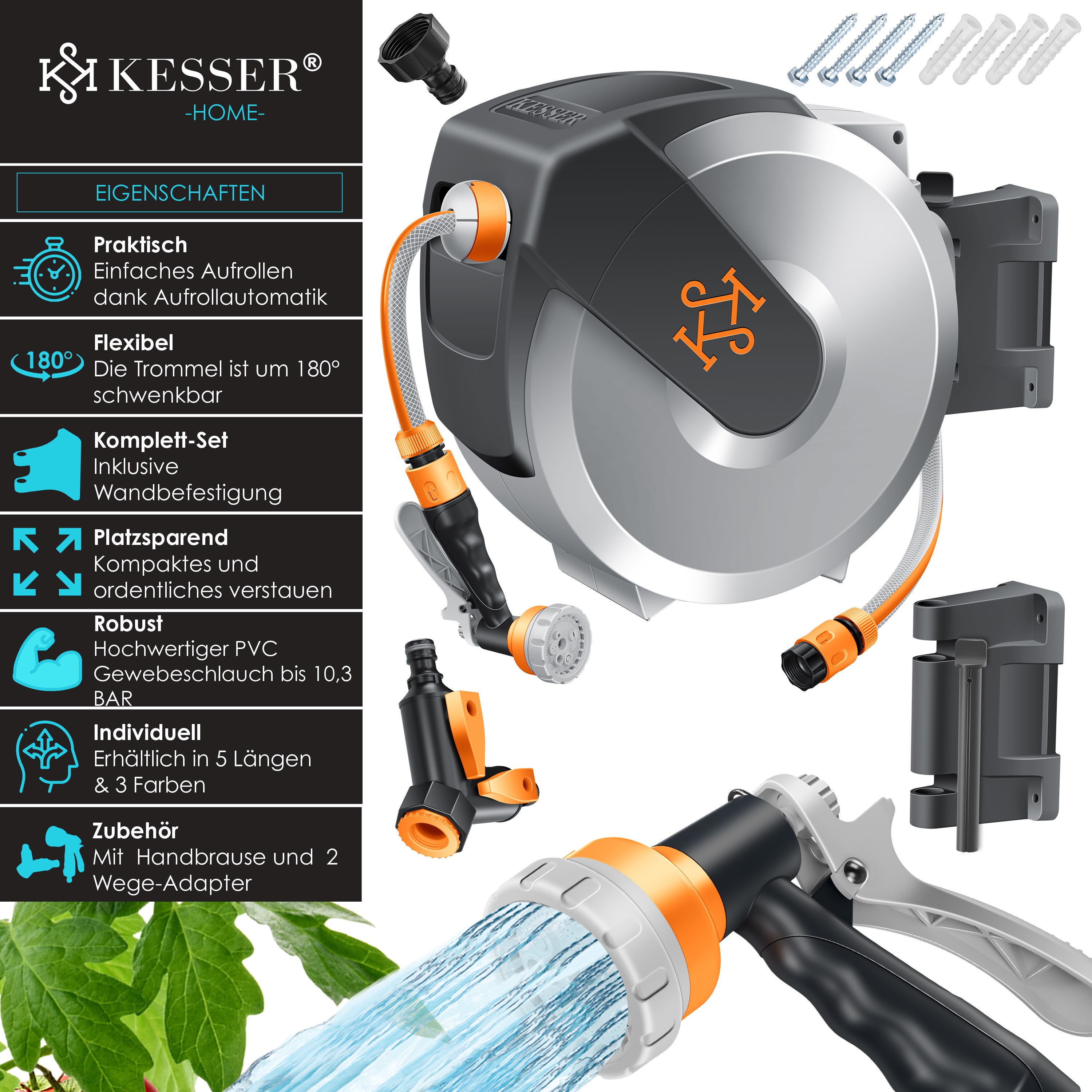 KESSER® Schlauchtrommel mit Gartenschlauch | Wasserschlauchtrommel zur Wandmontage | Wandhalterung | 180° schwenkbar & automatische Aufrollung | Wand-Schlauchbox inkl. 7-Funktionen Handbrause