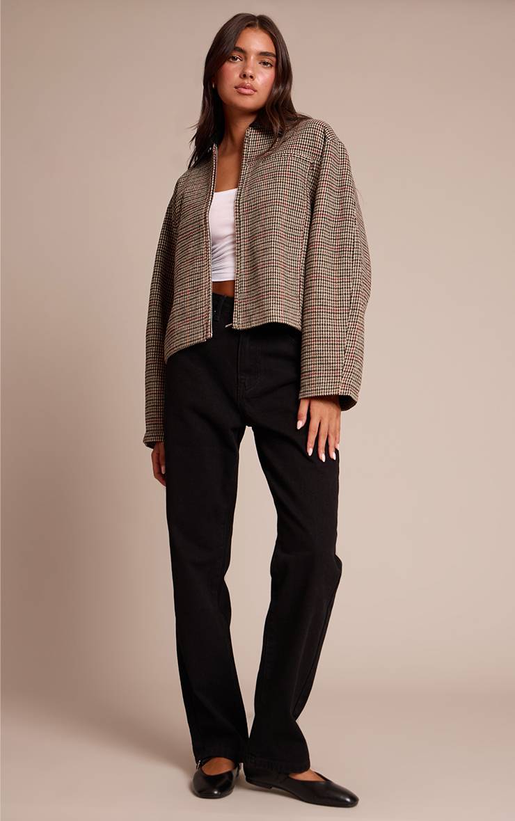 Marron Veste Zippée À Col En Synthétiquecuir À Carreaux