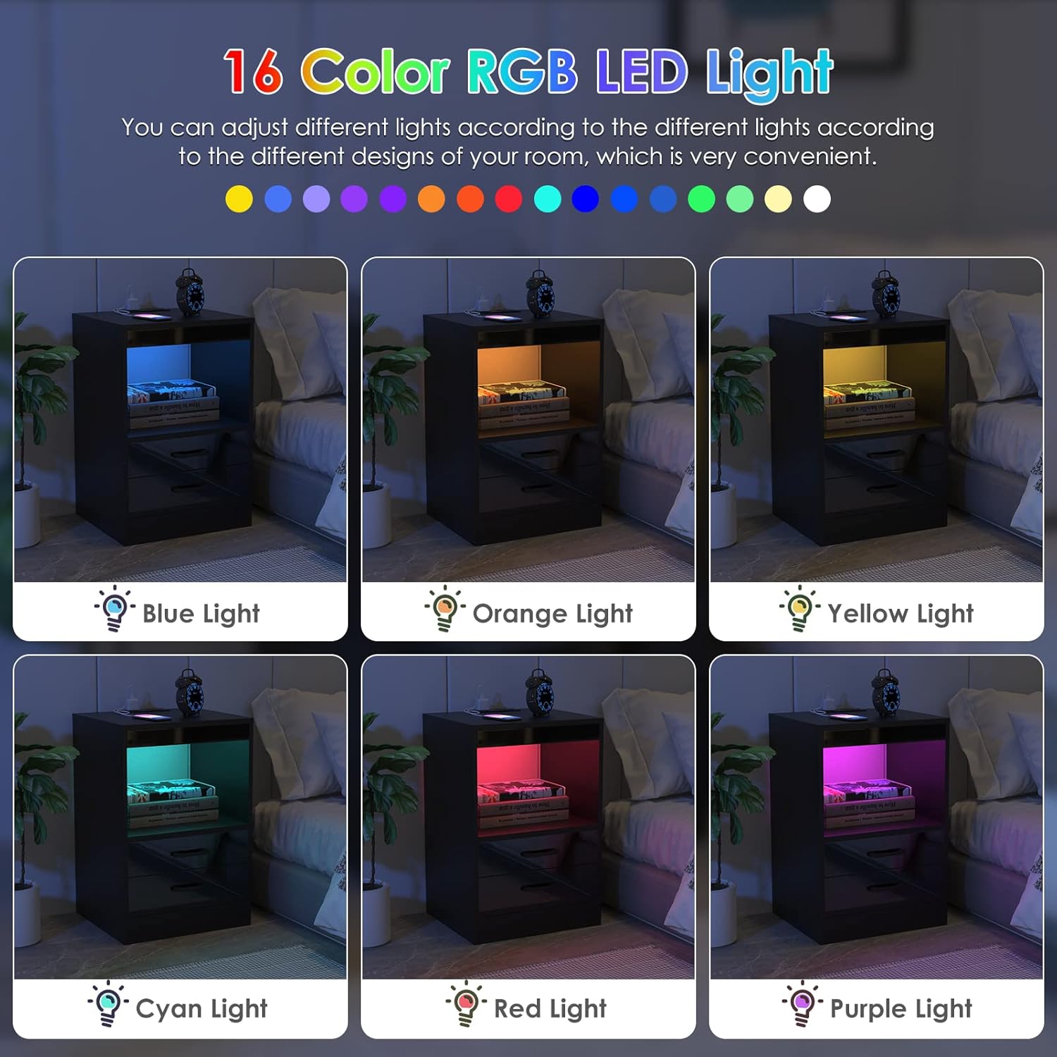 2er Set Nachttisch mit Steckdose & USB, Nachttisch Schwarz Nachtschrank Hochglanz Nachtkommode 2 Schubladen mit Led 16 Farben Beleuchtung Beistelltisch für Schlafzimmer, 40x60x35cm