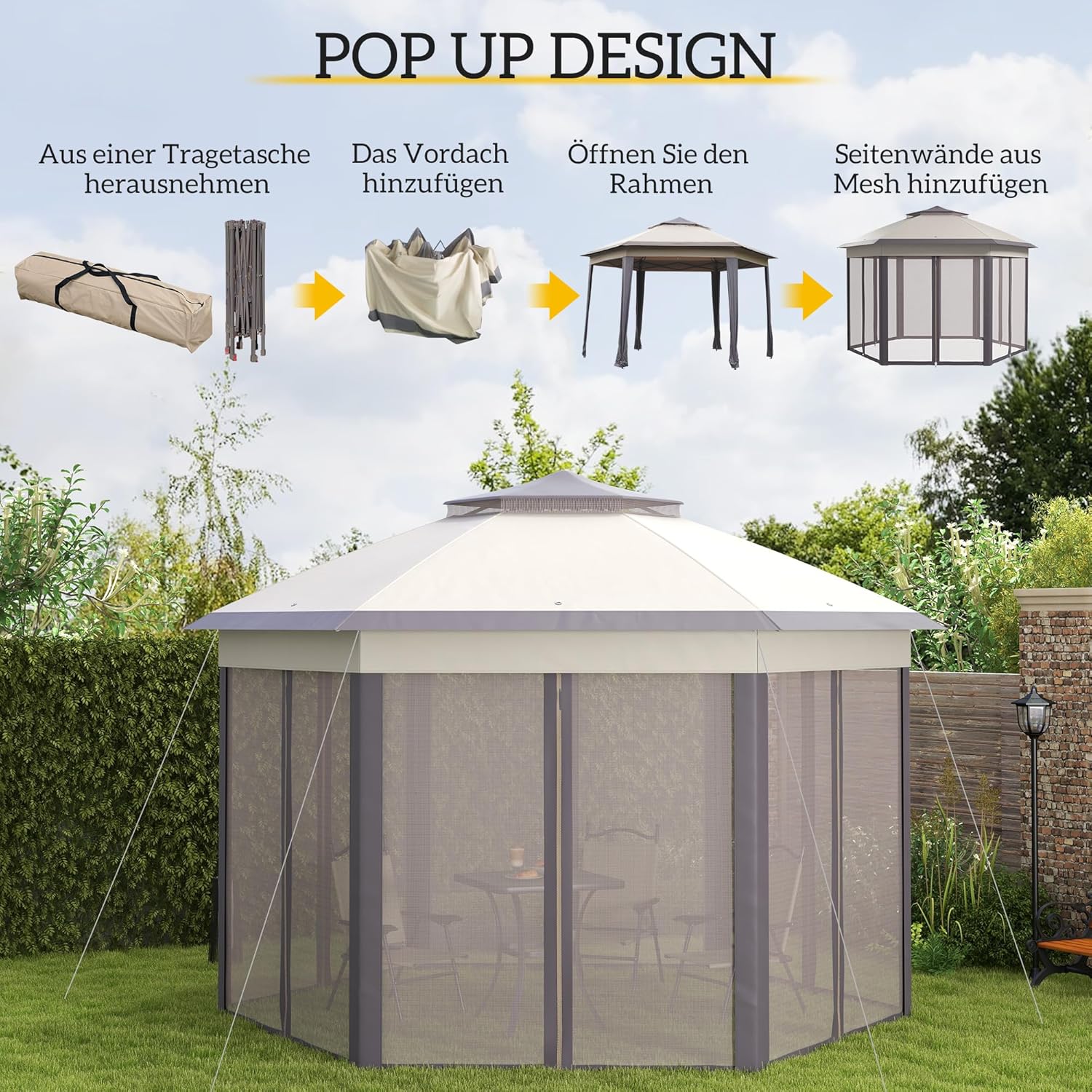 Outsunny Pavillon 4x4m Wasserdicht Pop-up sechseckiger Faltpavillon, Doppeldach, Gartenpavillon mit 6 Seitenteilen, Partyzelt inkl. Tragetasche, für Garten, Terrasse, Festival, Kaffee+Beige