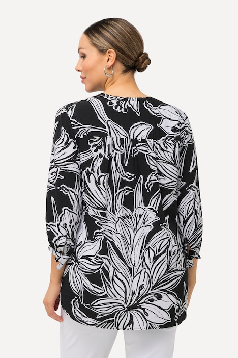 Tunika, Blüten, A-Linie, Tunika-Ausschnitt, 3/4-Arm