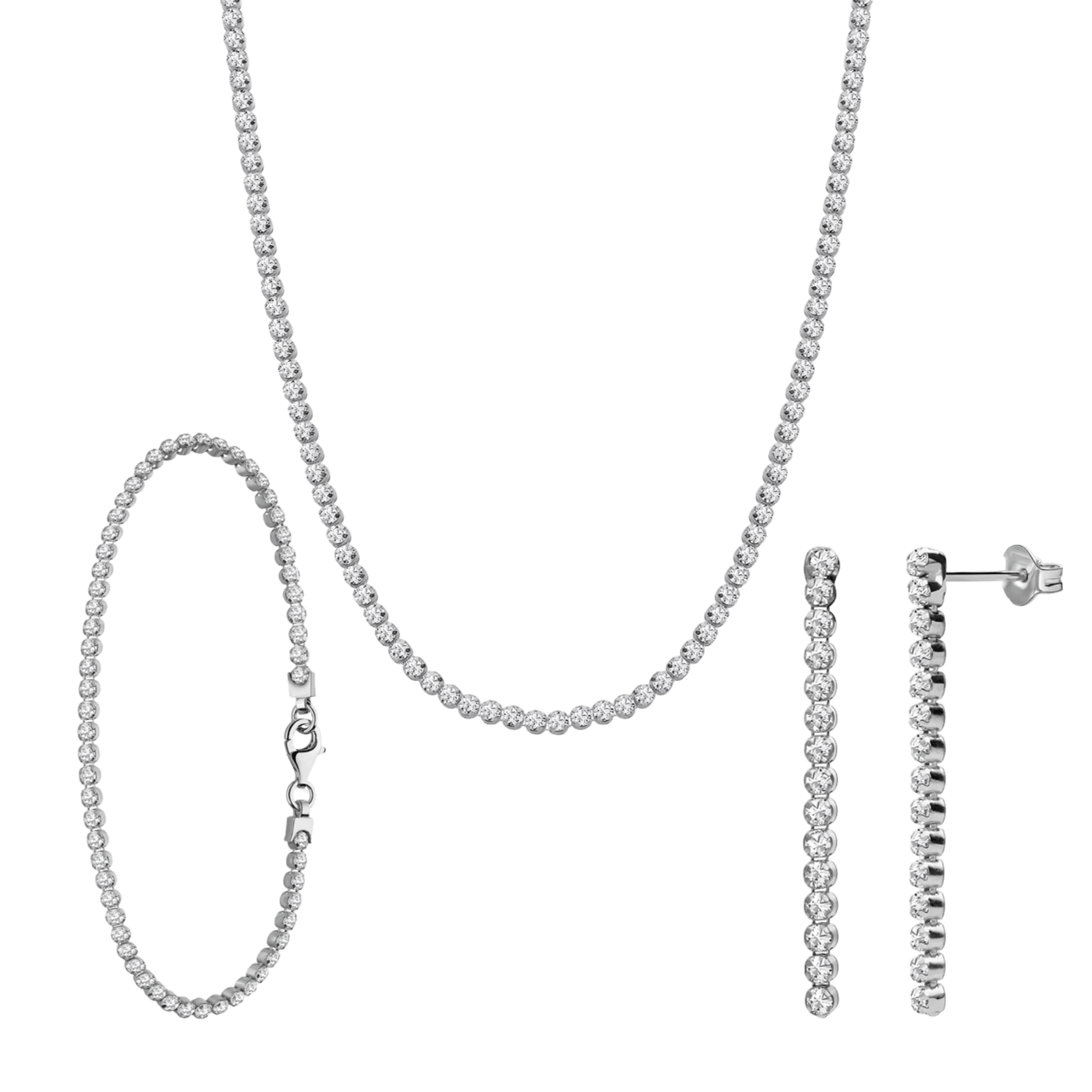 Zilveren set ketting, armband een oorknoppen zirkonia