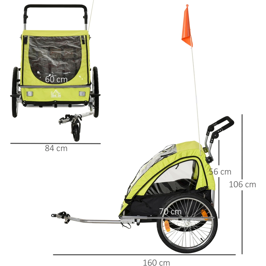 HOMCOM 2-in1 Fahrradanhänger mit Platz für 2 Kinder grünschwarz