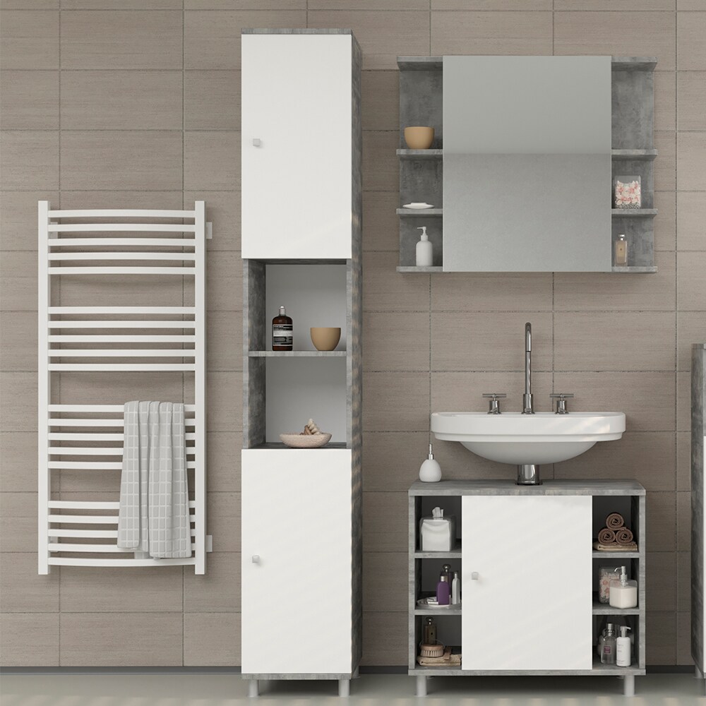VICCO Badschrank FYNN Weiß / Grau Beton - Badezimmerschrank Hochschrank Badregal