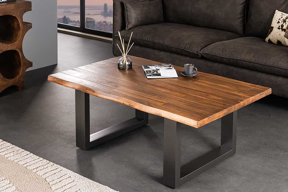 Massiver Couchtisch GENESIS 110cm braun anthrazit Akazie Baumkante Kufengestell