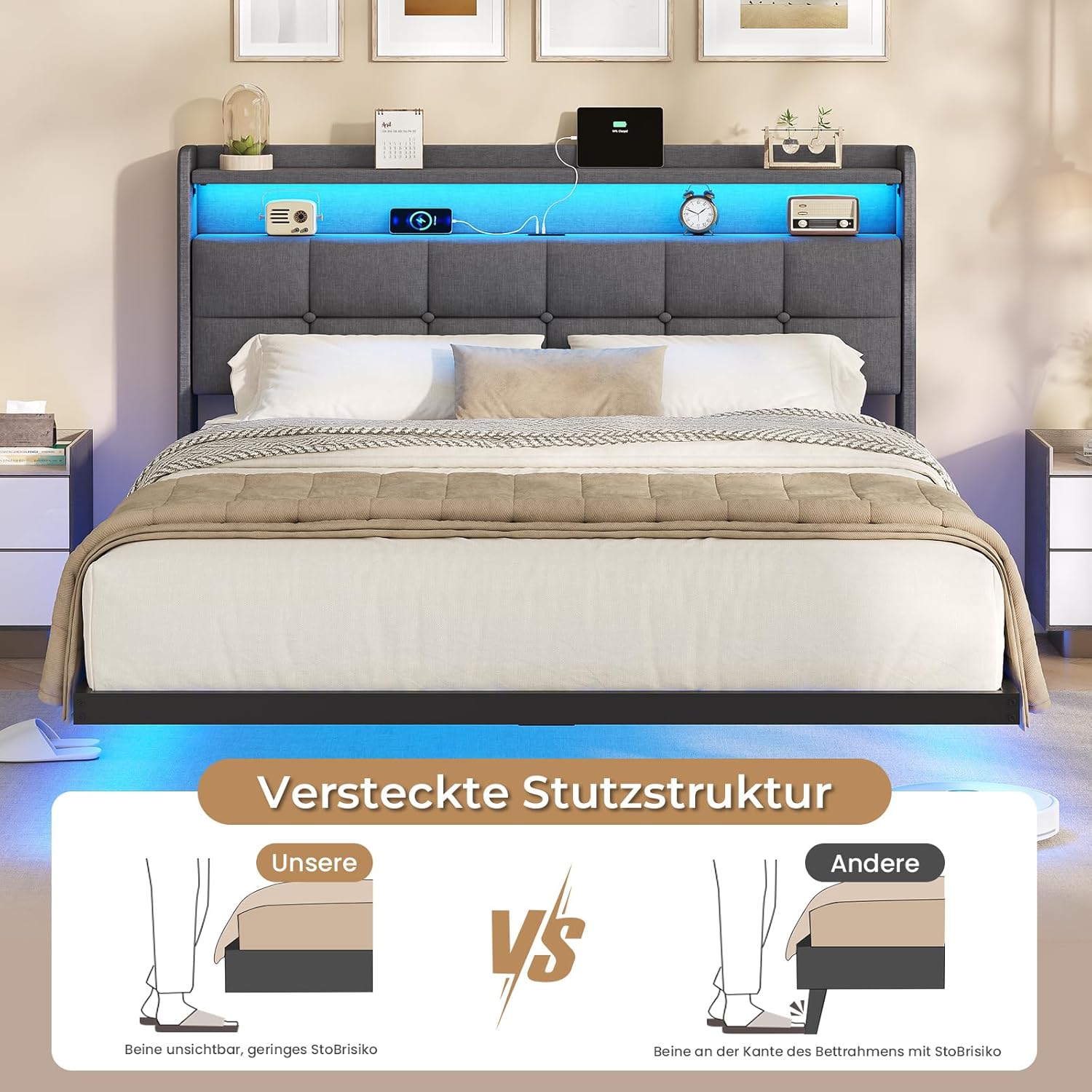 AOGLLATI Polsterbett 140x200 cm, Doppelbettgestell, Bettrahmen mit LED-Beleuchtung und Ladestation, Bettgestell mit Kopfteil, Bett Schwebebettrahmen, Metallbett, Leinen, Dunkelgrau (ohne Matratze)