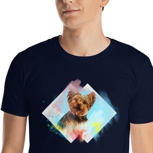 Camiseta masculina Mascochula, estampa aquarela, personalizada com seu animal de estimação, azul marinho