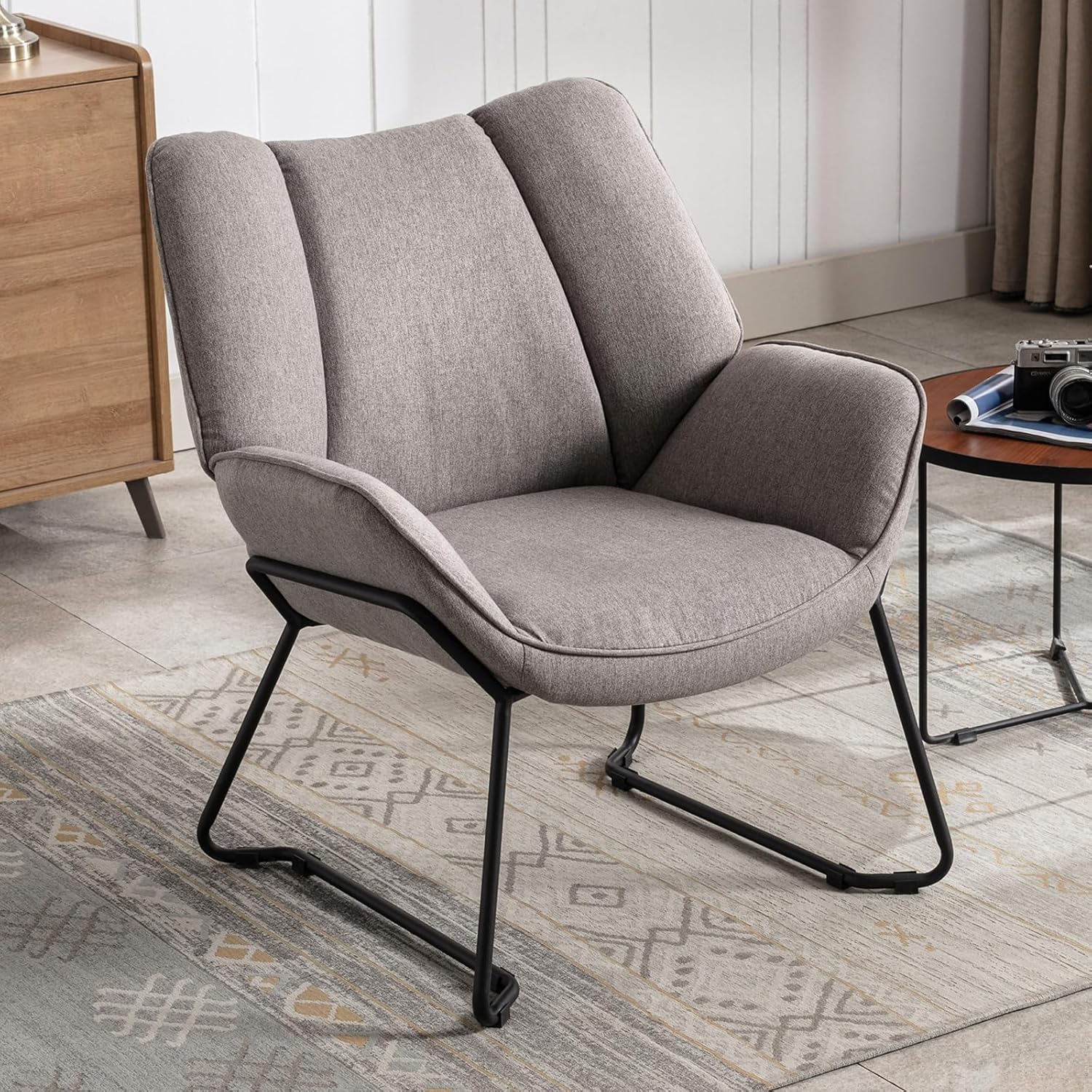 Sessel Wohnzimmer Loungesessel modern Lesesessel gepolstert Ohrensessel mit Metallbeinen für Schlafzimmer/Wohnzimmer, Leinen, Grau
