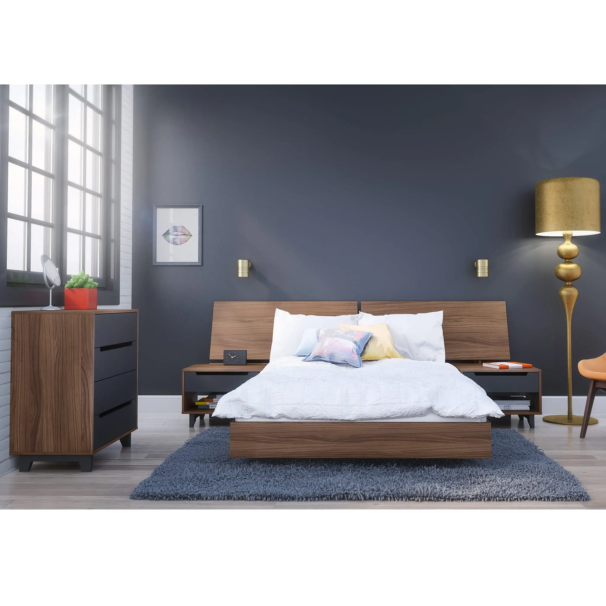 Nexera Bureau 4 Tiroirs Alibi - Noyer et Gris Charbon